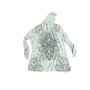 Style Co Sport Womens XL Pale Green 1/4 Zip Hoodie Roll Tab Sleeve Paisley Print